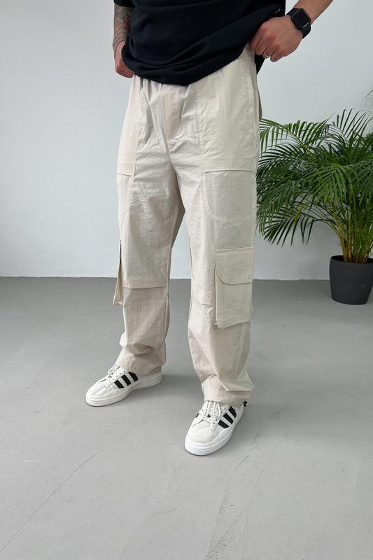 Beige Parachute Cargo Pants