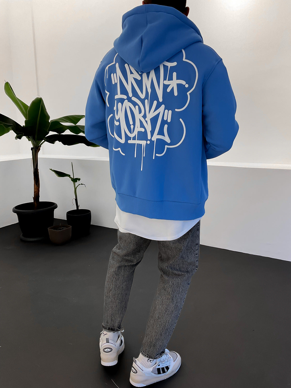 Blue Graffiti Written Zippered Hoodie