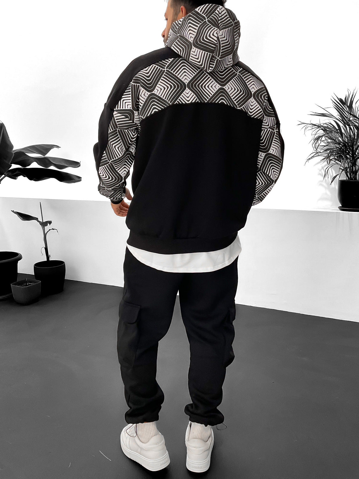 Black Checkered Striped Hoodie