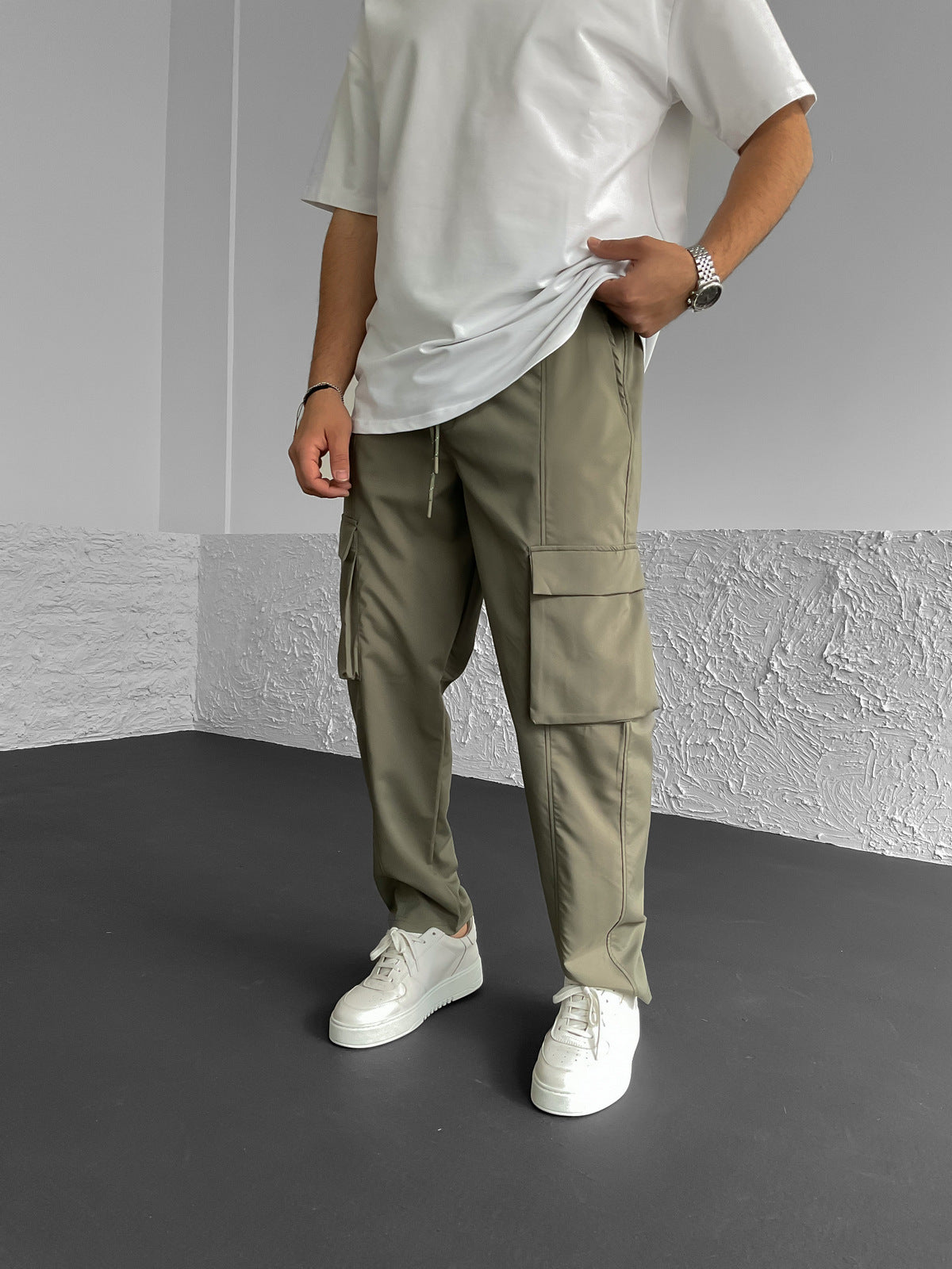 Khaki Stitched Parachute Cargo Pants